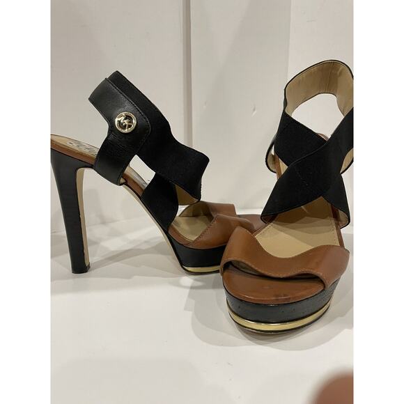 Michael Kors Size 8.5M Black Ankle Strap Brown Open Toe Heels - Picture 1 of 6